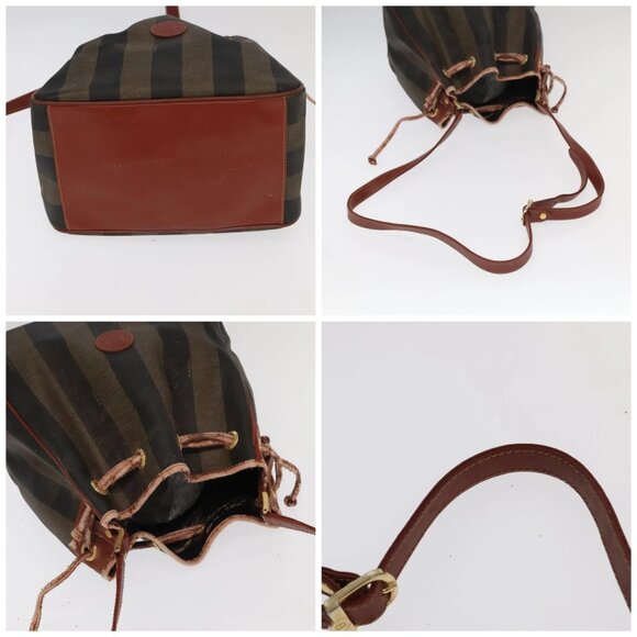 FENDI Pecan Canvas Shoulder Bag Brown Black Gold Auth 102701 - Picture 14 of 16